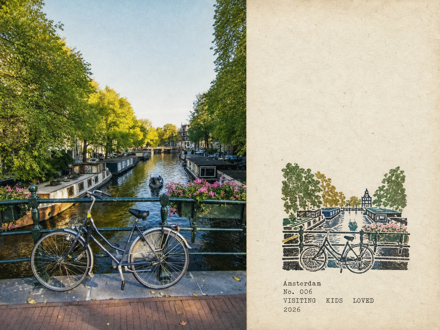 A postcard from Amsterdam: a bicycle leaning on the railing of a tree-lined canal, beside a carved stamp of the same bridge and the typed lines Amsterdam — No. 006 — visiting kids loved — 2026