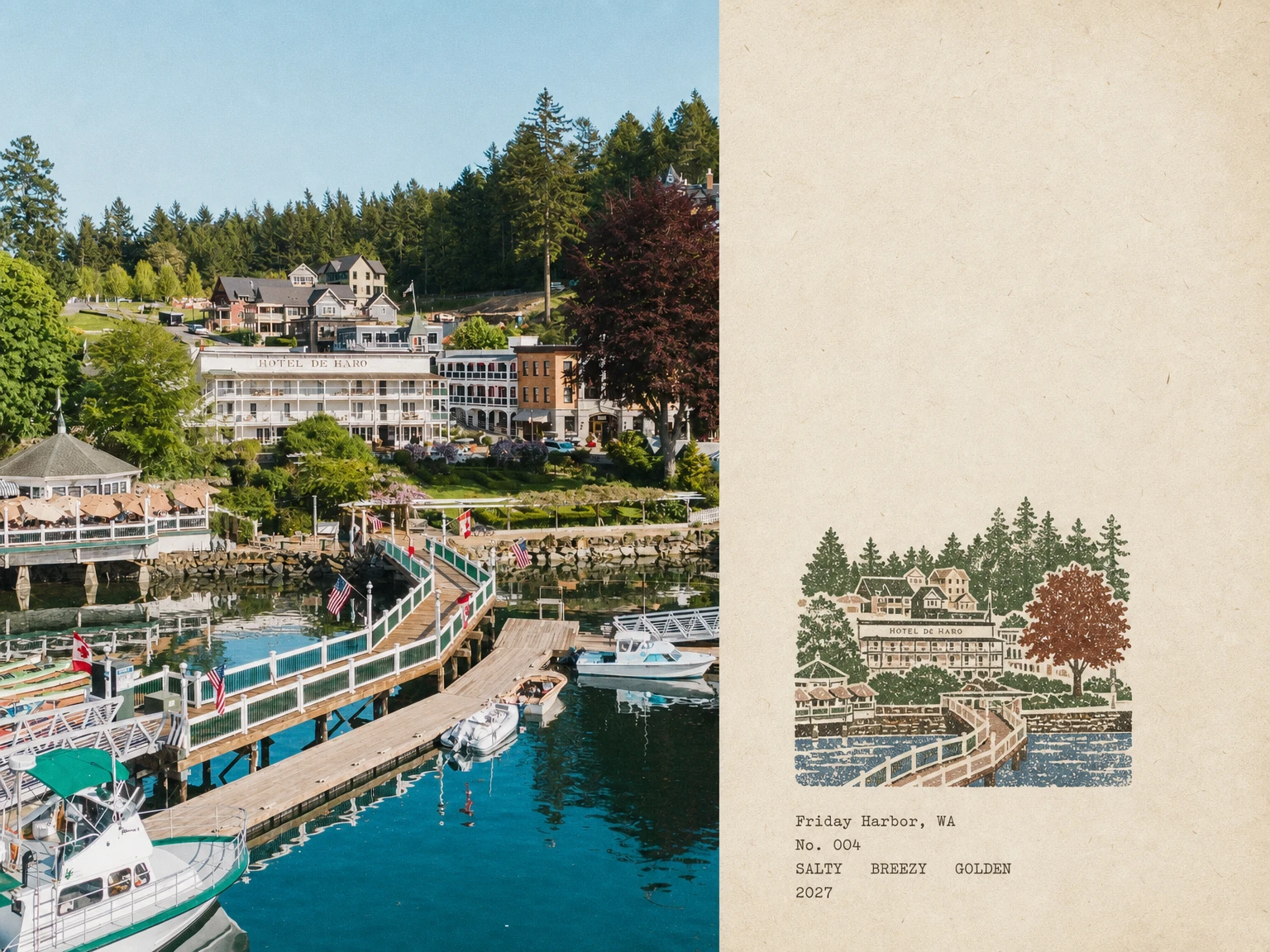 A postcard from Friday Harbor, Washington: a harbour of white boats and a hotel above it, beside a carved stamp of the same harbour and the typed lines Friday Harbor, WA — No. 004 — salty breezy golden — 2027