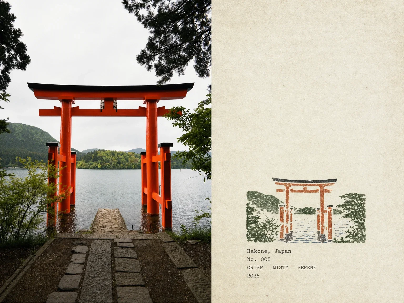 A postcard from Hakone, Japan: the red torii gate of Hakone Shrine standing at the water’s edge under tall trees, beside a carved stamp of the same gate and the typed lines Hakone, Japan — No. 008 — crisp misty serene — 2026