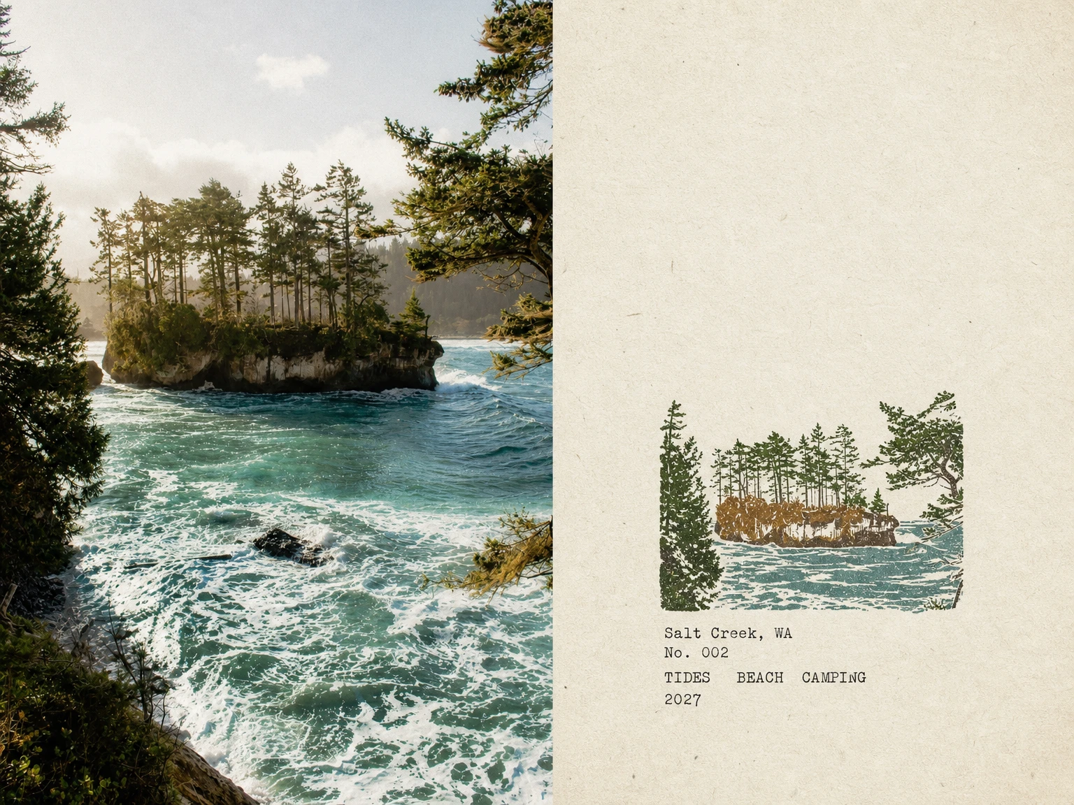 A postcard from Salt Creek, Washington: the photograph of a forested sea stack in cold surf on the left, and on aged paper at the right a hand-carved three-colour stamp of it above the typed lines Salt Creek, WA — No. 002 — tides beach camping — 2027