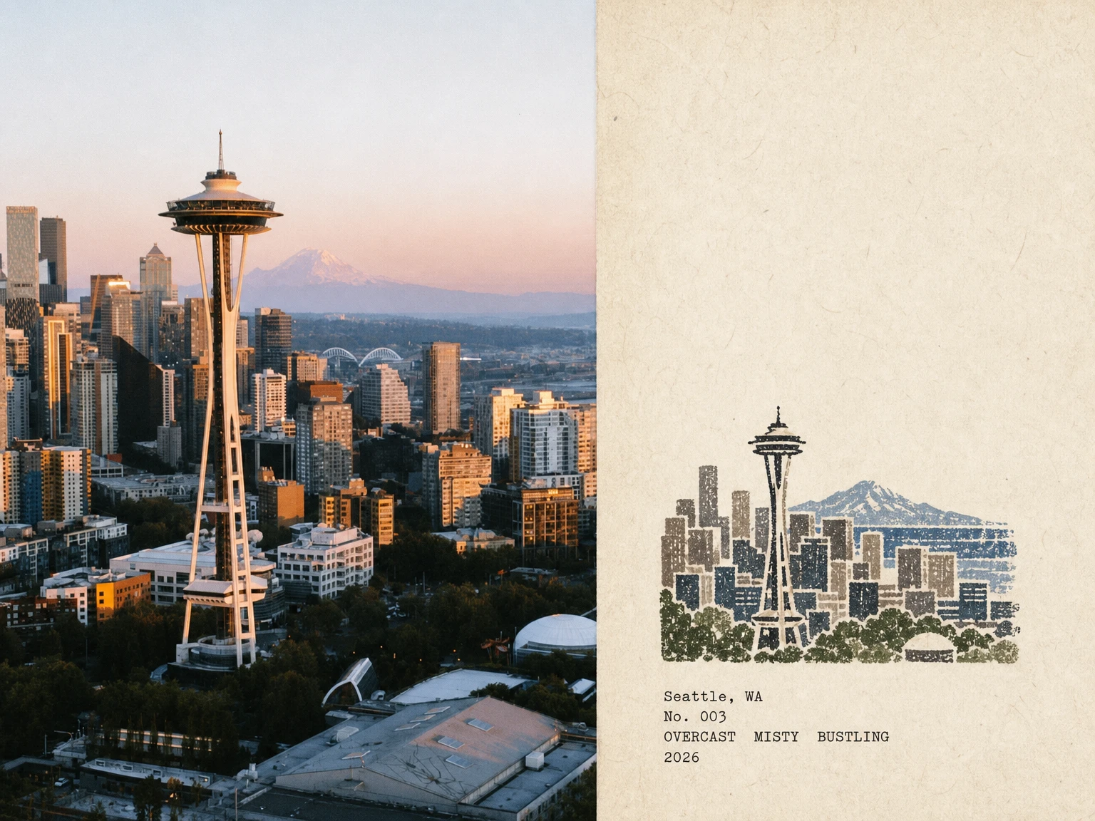 A postcard from Seattle, Washington: the Space Needle at dusk with the city behind it, beside a carved stamp of the skyline and the typed lines Seattle, WA — No. 003 — overcast misty bustling — 2026