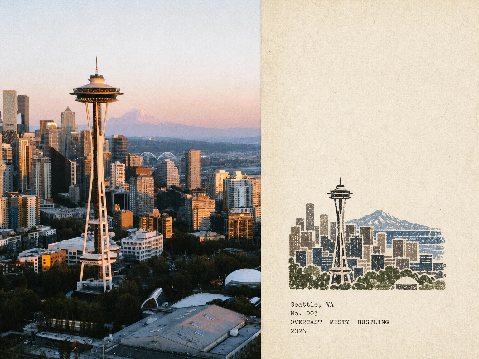 A postcard from Seattle, Washington: the Space Needle at dusk with the city behind it, beside a carved stamp of the skyline and the typed lines Seattle, WA — No. 003 — overcast misty bustling — 2026