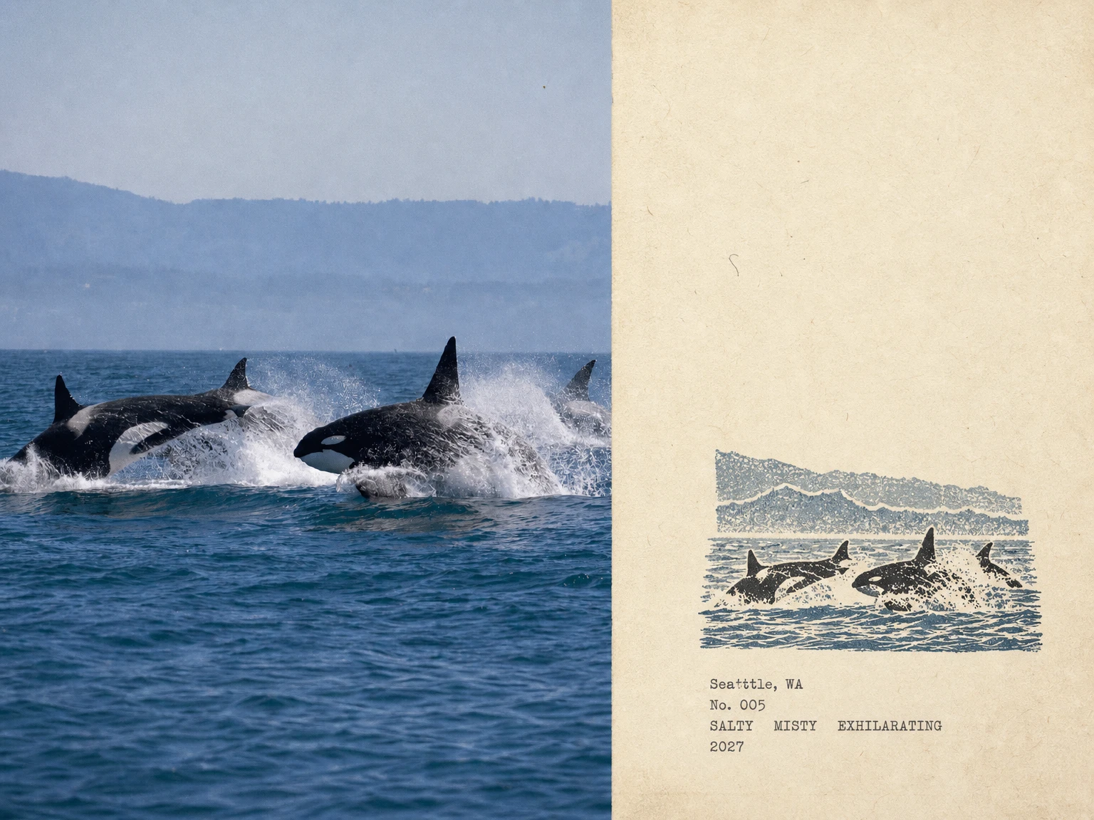 A postcard from Seattle, Washington: three orcas surfacing in open water, beside a carved blue stamp of the same whales and the typed lines Seattle, WA — No. 005 — salty misty exhilarating — 2027